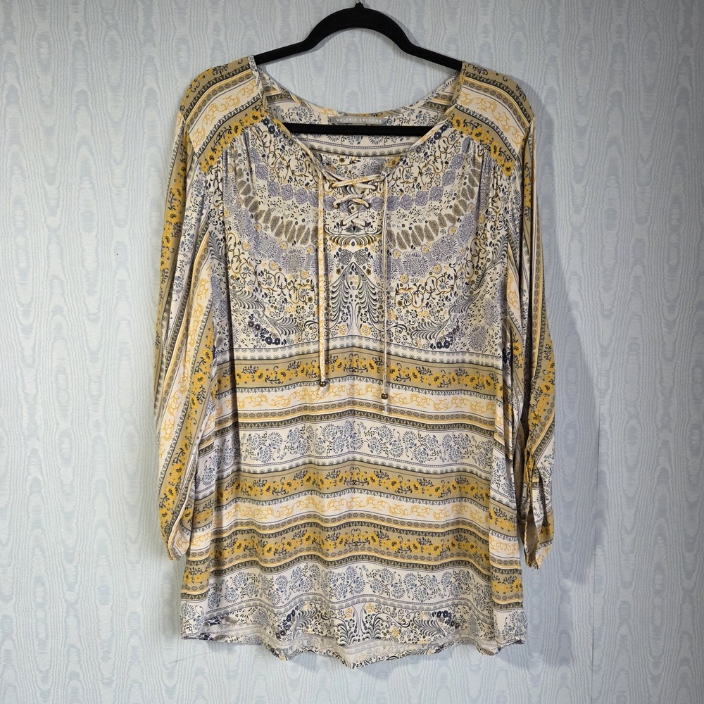 Valerie Stevens Women's XL Peasant Top Tunic Floral Lace Up Rayon Boho Fairy